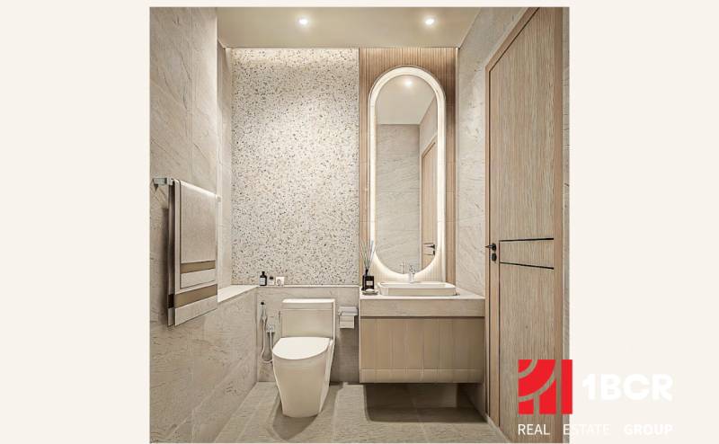 A bathroom in a 2-room apartment with modern equipment and lighting.