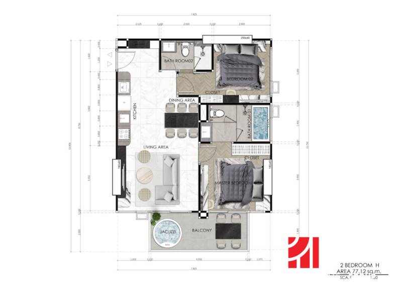 Floor plan of a 3-room apartment with a living room, two bedrooms, a kitchen, and a balcony.