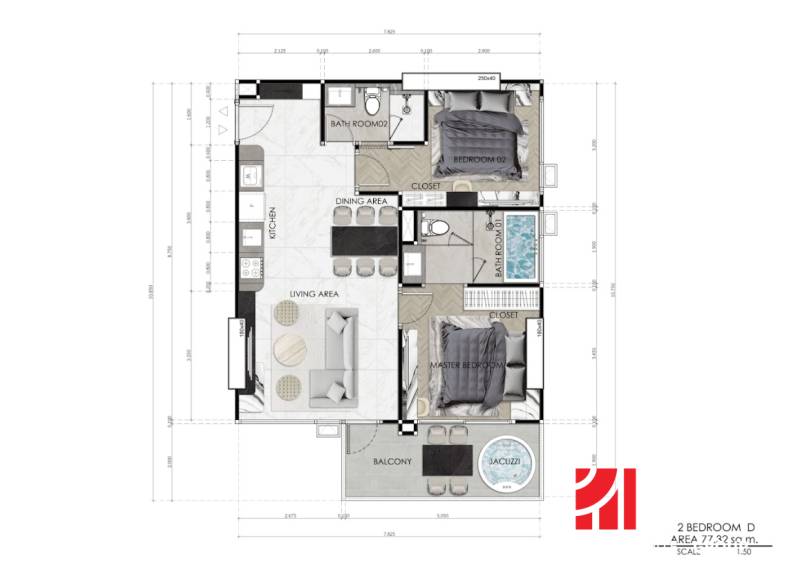 Floor plan of a 3-room apartment with a kitchen, living room, balcony, and two bathrooms.
