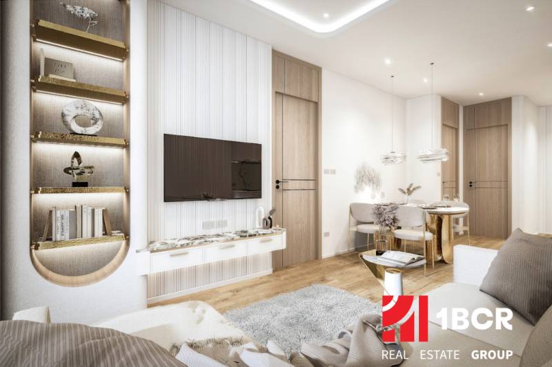 Luxury interior of a 3-room apartment with decorative elements and comfortable furniture.