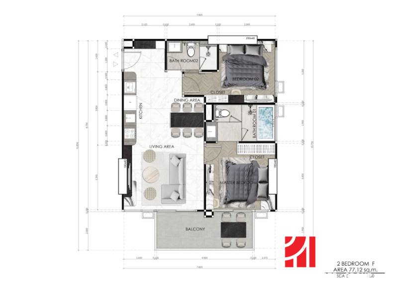 Floor plan of a 3-room apartment with a living room, dining room, kitchen, and two bathrooms.