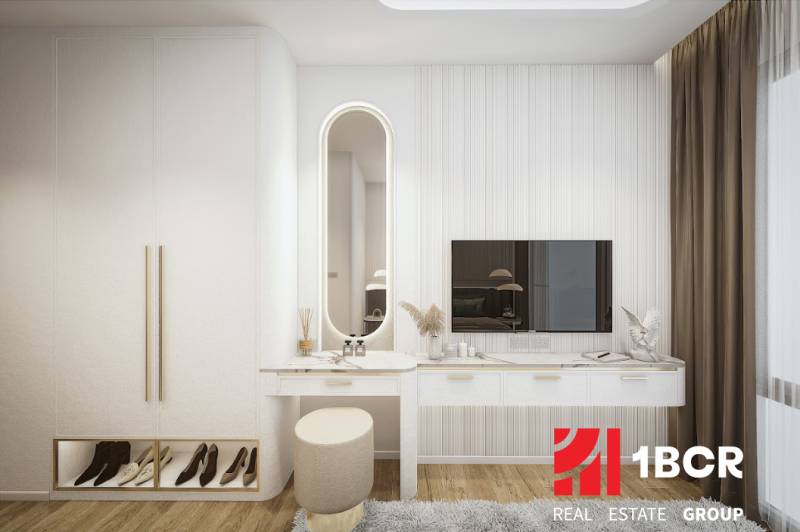 Modern interior with a dressing table in a 3-room apartment, timeless design with an emphasis on details.