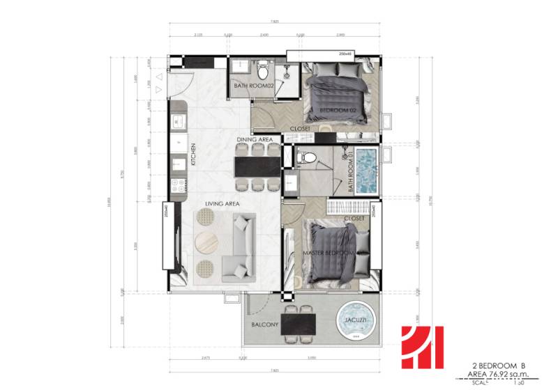 Floor plan of a 3-room apartment with a kitchen, living room, balcony, and two bathrooms.
