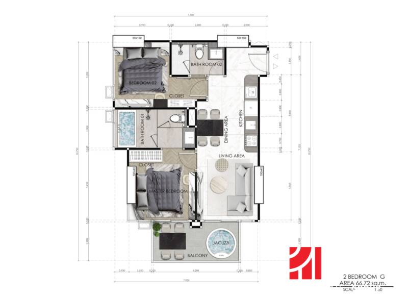 A plan of a 3-room apartment with two bedrooms, bathrooms, and a balcony with a jacuzzi.
