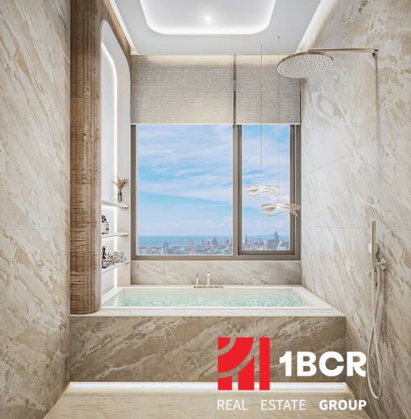 Luxury bathroom with a bathtub, large window, and a view from a three-room apartment.