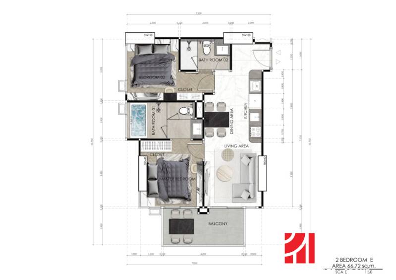 Floor plan of a 3-room apartment with two bedrooms, a kitchen, and a balcony.