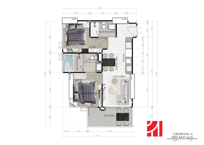 Floor plan of a 3-room apartment with a kitchen, living room, and two bathrooms.