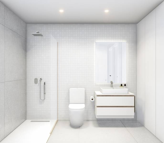 A bathroom in a 4-room apartment with white tiles, a shower, and a sink with a large mirror.