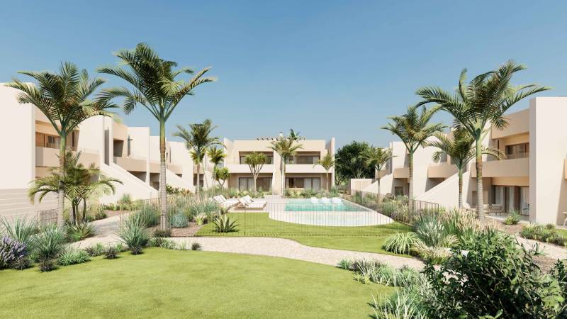 Palm trees and a pool in a 4-bedroom apartment complex in Rhodes.