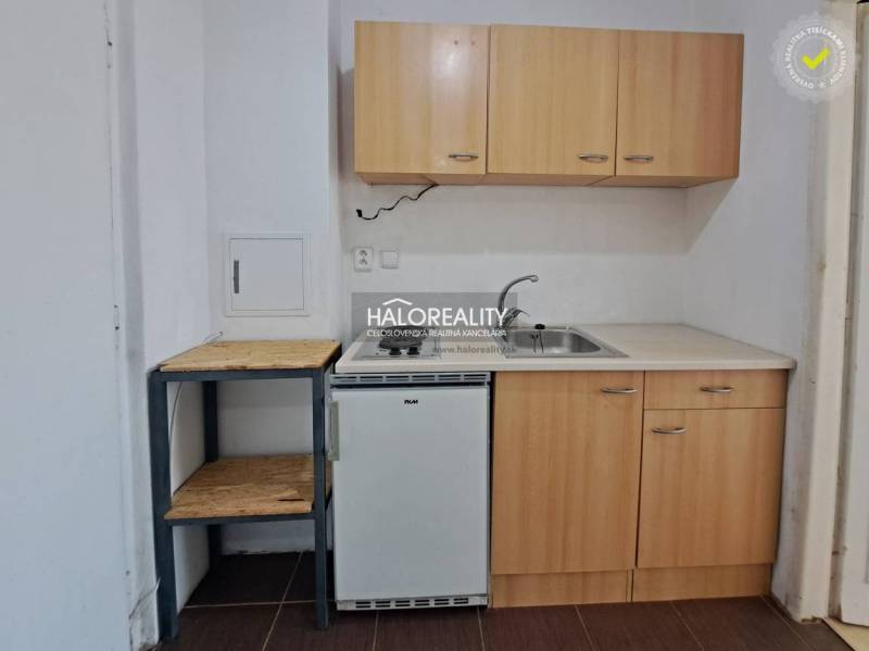 A kitchenette in a studio apartment with a wooden cabinet, a sink, and a small refrigerator.