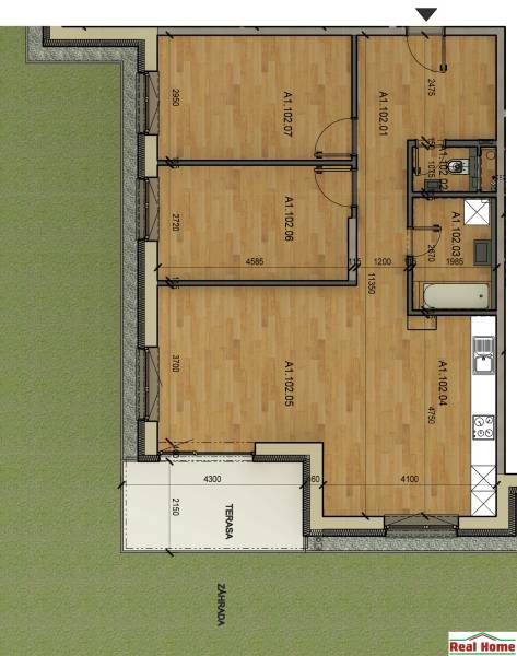 Floor plan of a 3-room apartment with a garden and terrace, ideal for comfortable living.