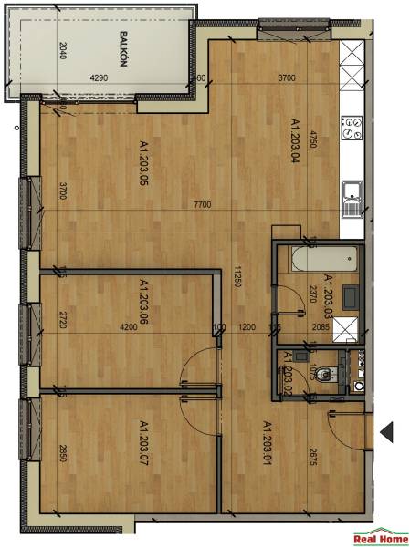 Floor plan of a 3-room apartment with a balcony, including a kitchen and living room.