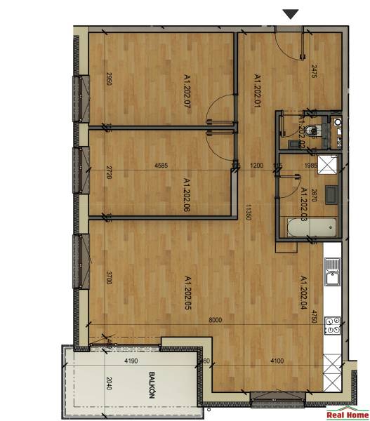 Floor plan of a 3-room apartment with an entrance hall, bathroom, balcony, and living room with kitchen.