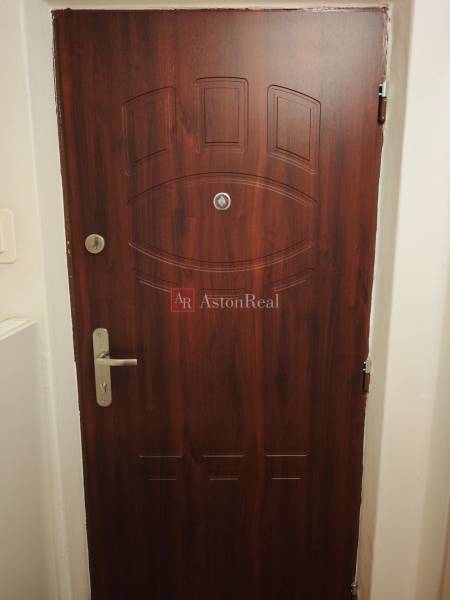 Wooden entrance door in a 2-room apartment with a silver handle and a peephole.