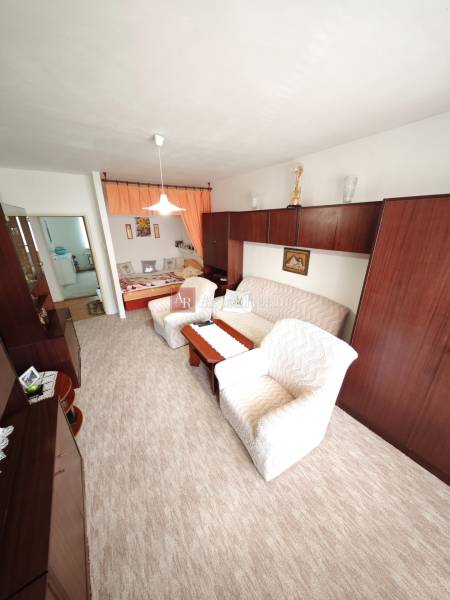 Living room in a two-room apartment with a sofa, an armchair, and a wooden cabinet.
