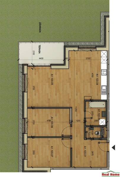 Floor plan of a 3-room apartment with a terrace and garden.
