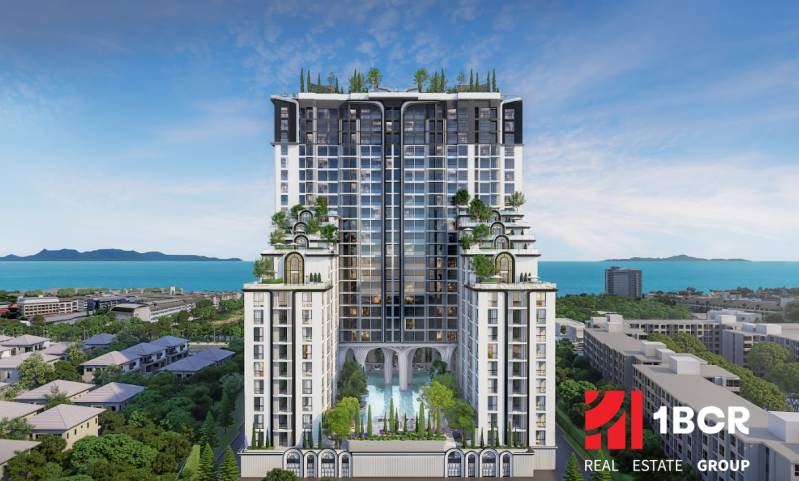 Construction of apartments in the city of Pattaya with sea views and green terraces.