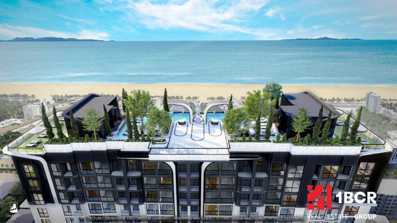 Apartment construction in Pattaya with a beach view, rooftop garden, and pool.