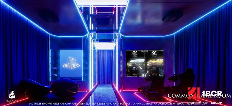 A gaming room with ambient lighting, gaming consoles, and relaxation seats in an apartment building under construction.