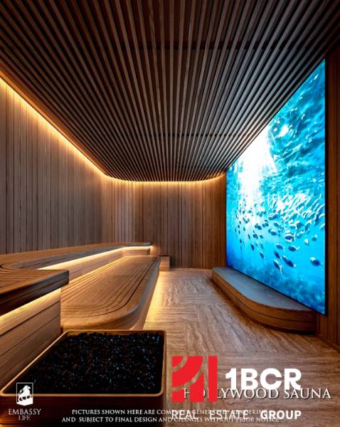 Interior of a sauna with wooden paneling and flooring with a wooden decor, Apartment construction.