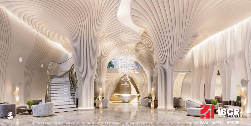 Luxurious interior with a spiral staircase and artistic lighting in apartment construction.