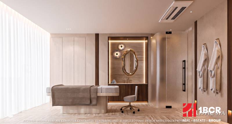 Interior with massage table, mirror, and towels; Apartment construction.