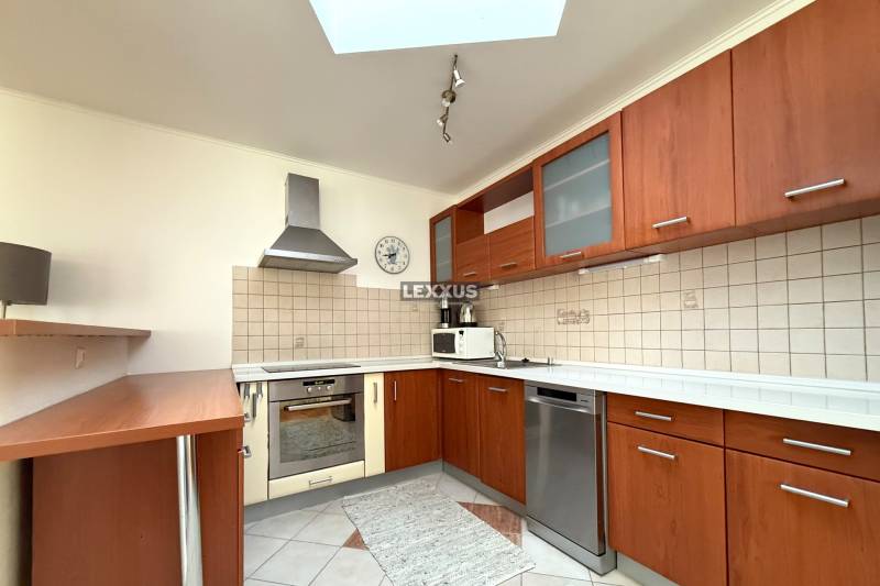 A kitchen in a family house with wooden cabinets, a dishwasher, and ceramic tiles on the wall.