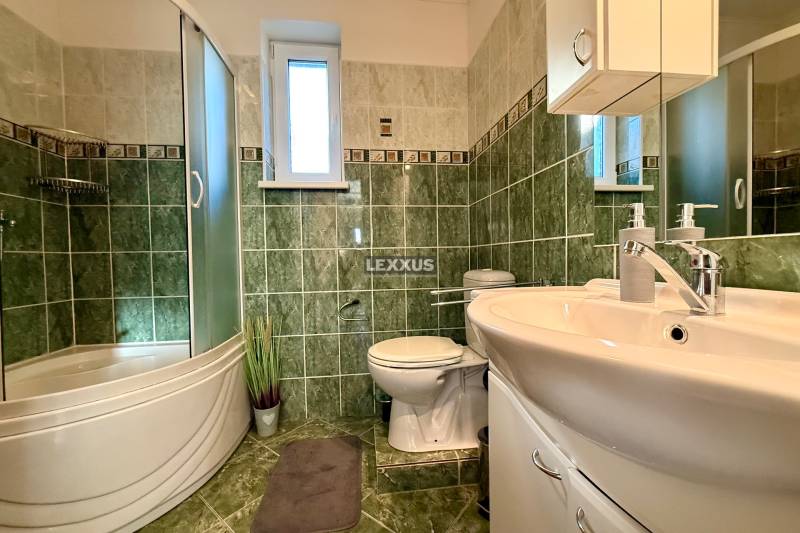 A bathroom in a family house with green tiles, a shower corner, and a sink.