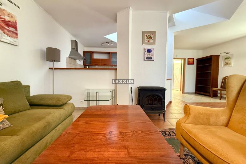 Living room with a fireplace, green sofa, and kitchenette in a family house.