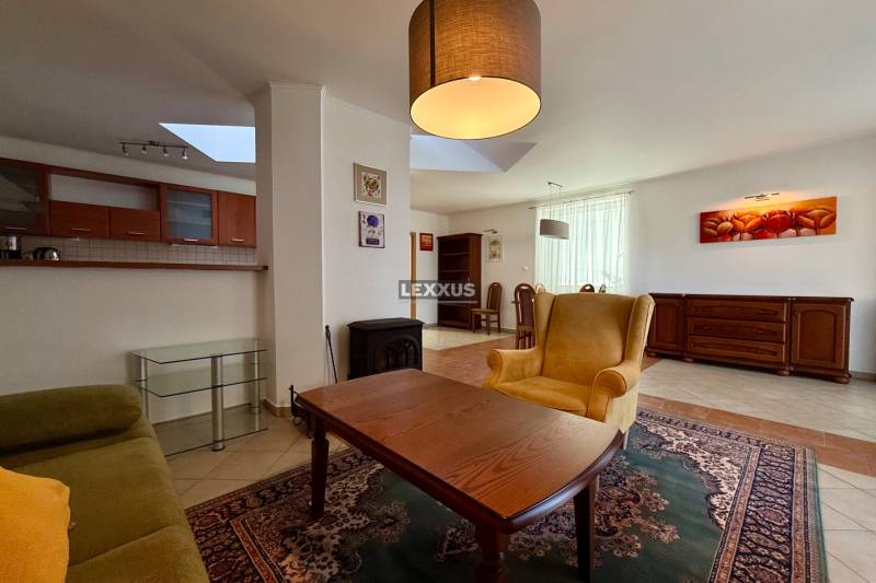 Living room in a family house with an armchair, sofa, table, and fireplace, kitchen in the background.