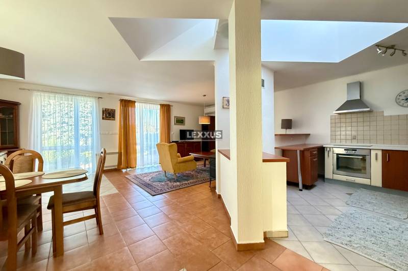 Interior of a family house with a kitchen, dining table, and living area with glass doors.