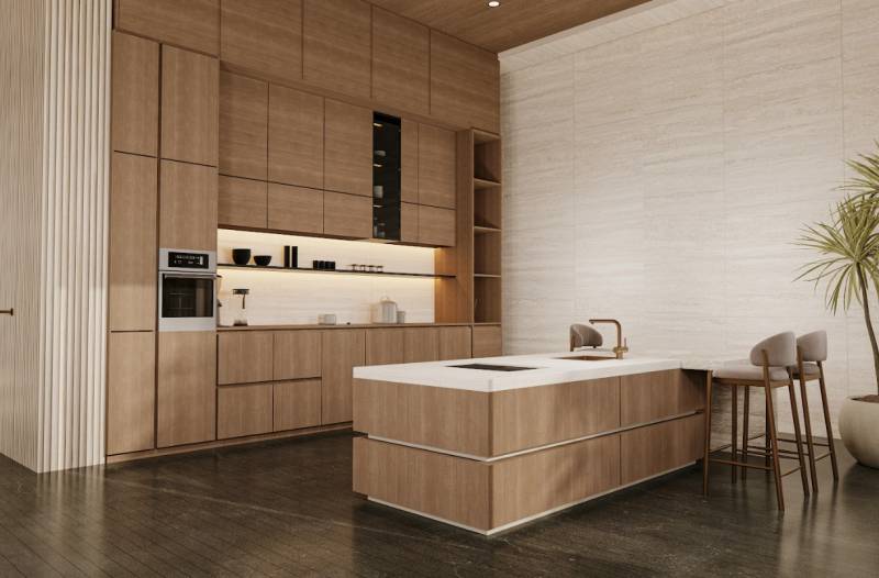 Elegant kitchen with wooden cabinets and an island in a family house.