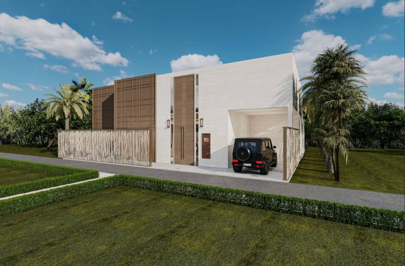 A family house in Zanzibar North with modern architecture, a garden, and a landscape with palm trees.