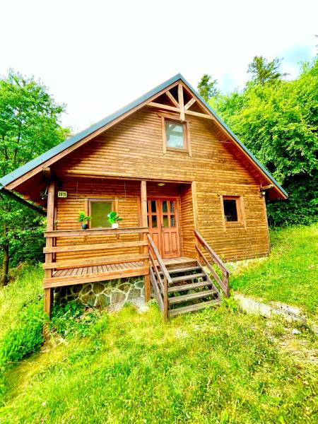 A wooden family house in Štefultov, surrounded by greenery, with a simple rural design.