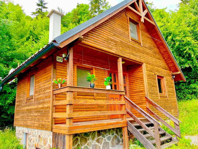 A wooden family house in Štefultov with a stone foundation, surrounded by greenery.