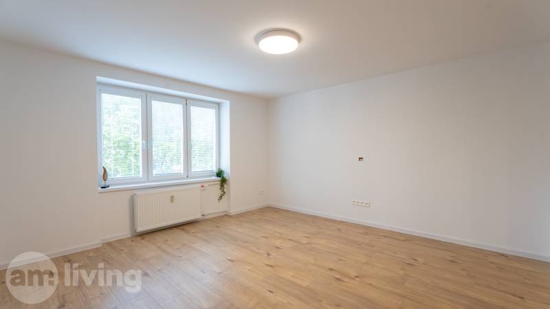 A spacious room with a large window and wooden floor in a studio apartment.