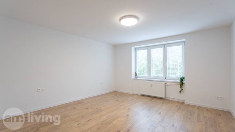A bright room with wooden flooring, a large window, and central heating in a studio apartment.