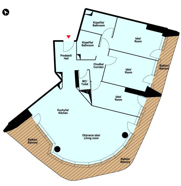 Floor plan of a 4-room apartment with three balconies, two bathrooms, and a kitchen.
