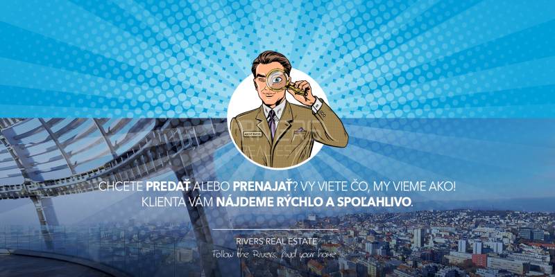 Agent with a magnifying glass on a blue background, Pribinova Street, offer of a 2-room apartment.