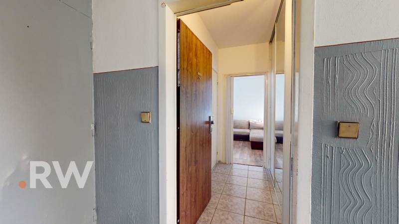Entrance hallway of a one-room apartment with tiles and an open view of the living room.
