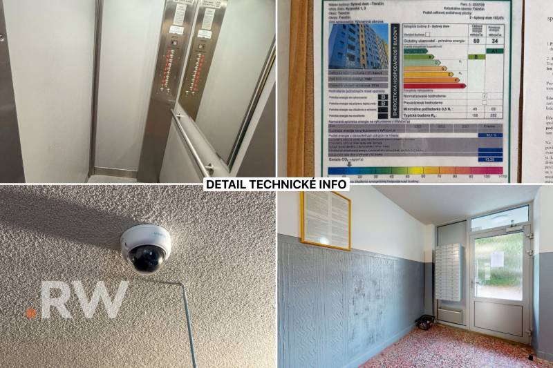 Apartment building on Kyjevská in Trenčín: elevator, energy certificate, security camera, entrance hallway.