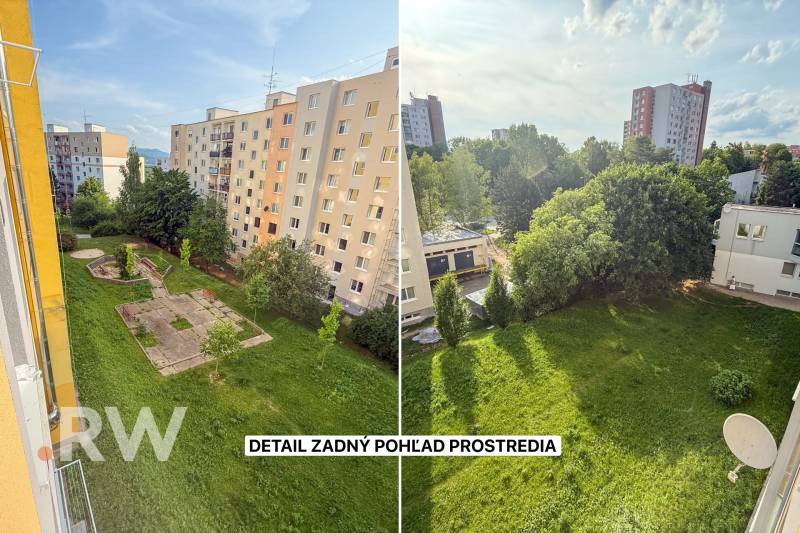 View from a one-room apartment on Kyjevska Street in Trenčín with surrounding apartment buildings and greenery.