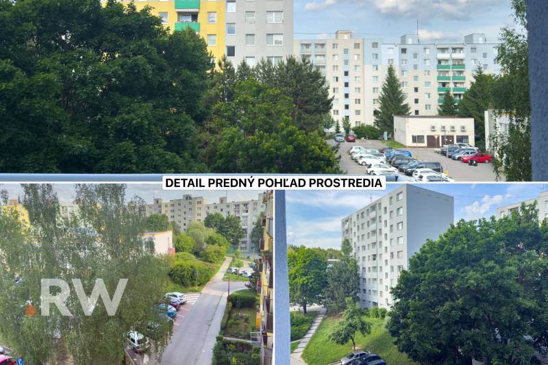 View from a one-room apartment in Trenčín on Kyjevská with surrounding greenery and apartment buildings.