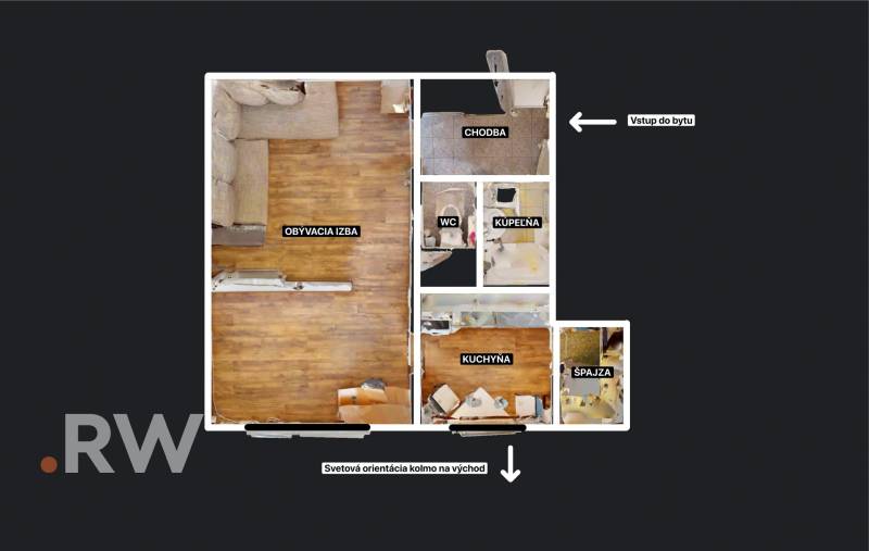Layout of a one-bedroom apartment with a living room, hallway, kitchen, pantry, bathroom, and toilet.
