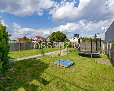 The garden of a family house on Mokráň záhon in Bratislava-Ružinov with a lawn and a trampoline.