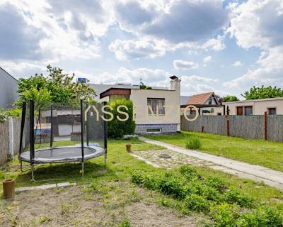 The garden of a family house on Mokráň Záhon in Bratislava-Ružinov with a trampoline and a fence.