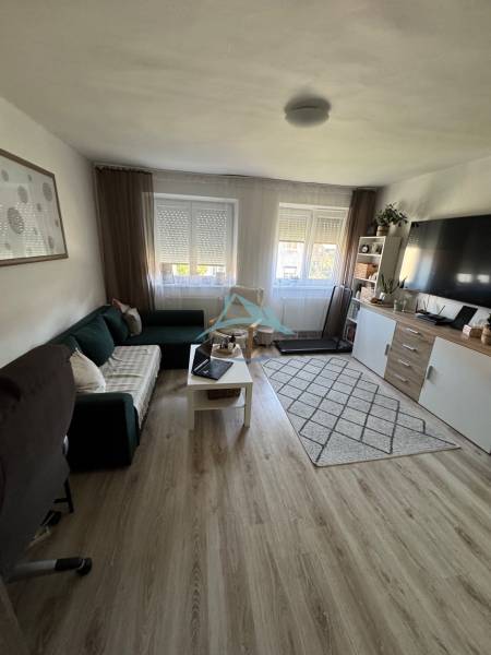 Living room in a three-room apartment with a sofa, table, television, and carpeted floor.