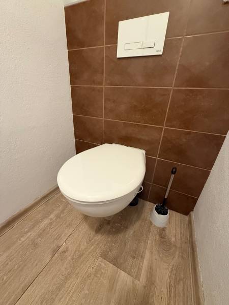 A bathroom in a 4-room apartment with a wall-mounted toilet and brown tiles.