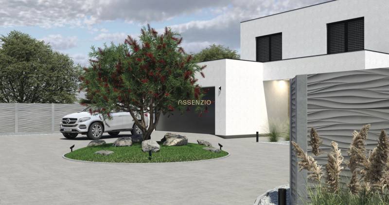 A family house in Opoj with a car, a landscaped garden, and a stylish fence.