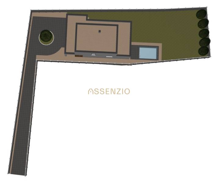 Floor plan of a family house in Opoj with a driveway, swimming pool, and garden.